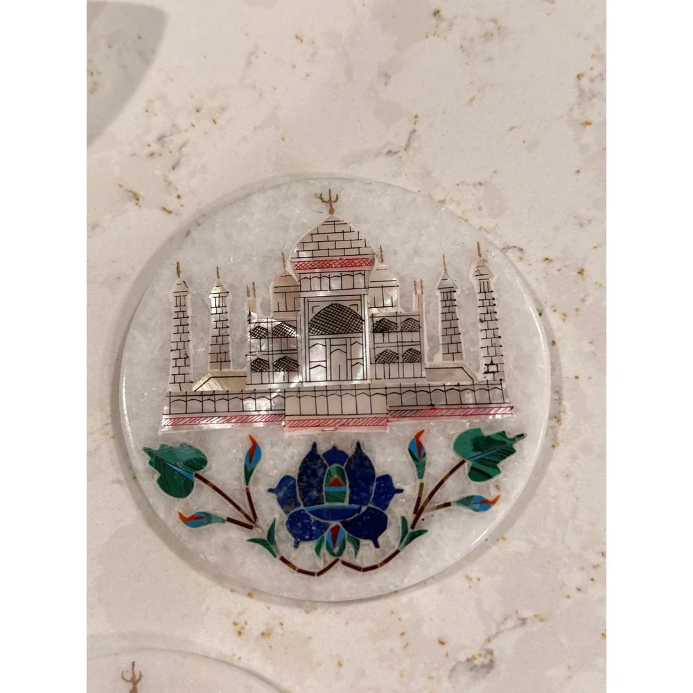 Rare Handmade White Marble Taj Mahal Indian Mother Of Pearl‎ Coaster Set of 6
